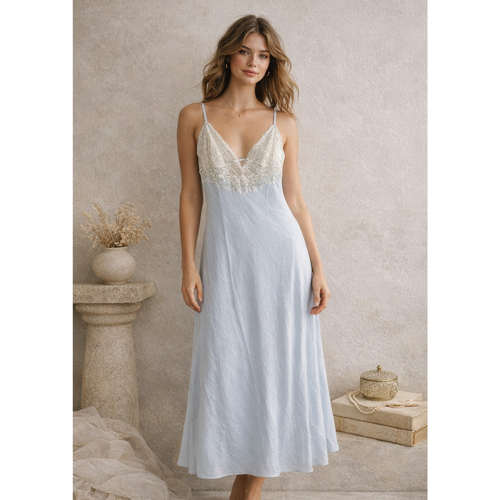 Linea Donatella L Slip Dress Light Baby Blue & Ivory Babydoll Soft Feminine NEW